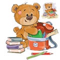 Vector illustration of a brown teddy bear holds books and pencils in a school satchel.