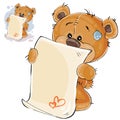 Vector illustration of a brown teddy bear misses and wrote a love letter