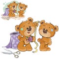 Vector illustration of a brown teddy bear tailor measuring another teddy bear measuring tape, needlework