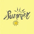 Vector illustration Brush lettering composition of Summer Vacation on yellow background with sun cartoon smiling icon Royalty Free Stock Photo