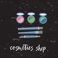 Vector illustration of brushes and eyeshadow. on chalkboard With text cosmetics.