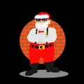 Vector illustration of a brutal santa in sunglasses on a brick wall background. Modern santa claus macho, a symbol