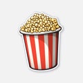 Vector illustration. Bucket full of popcorn. Red and white striped paper cup. Symbol of the film industry and TV watching