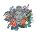 Vector illustration with Buddha head, flowers, leaves Royalty Free Stock Photo