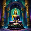 vector illustration, buddha statue in lotus position in an ancient temple, background for meditation