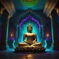 vector illustration, buddha statue in lotus position in an ancient temple, background for meditation