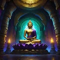 vector illustration, buddha statue in lotus position in an ancient temple, background for meditation