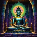 vector illustration, buddha statue in lotus position in an ancient temple, background for meditation