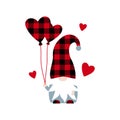 Vector illustration of Buffalo Plaid Gnome with hearts balloons