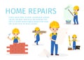 Vector illustration of builder, constructor, wall painter and repairman in yellow helmet. Red bricks wall repair step by