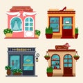 Vector illustration of buildings that are shops for buying presents. Set of nice flat shops. Different Showcases -