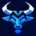 Vector illustration of bull head in blue and white colors on dark background. generative AI Royalty Free Stock Photo