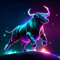 Vector illustration of a bull running on the hill in a neon style. Generative AI