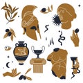 Vector illustration of bundle antique signs and symbols - statues, olive branch, amphora, column, helmet. Ancient greek