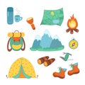 Vector illustration bundle hiking set on white isolated background.