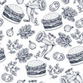 Burger engaved seamless pattern. Fast food background. Vector illustration