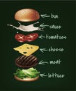 Vector illustration of burger ingredients, exploded hamburger with lettuce, patty, tomatoes, cheese, cucumber and bun Royalty Free Stock Photo