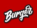 Vector illustration of Burger logo with hand lettering isolated on red background. Design concept, template