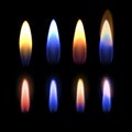 Vector illustration of burning flame of gas, zinc, potassium, strontium, sodium, and copper on black background Royalty Free Stock Photo