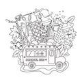 Vector illustration with a bus and school items on a white isolated background. Outline. Coloring book. Royalty Free Stock Photo