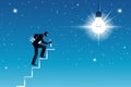 Vector illustration of business concept, businessman build staircase to get big bulb in sky