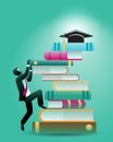 Vector illustration of business concept, a businessman climbing stack of book to reach graduation hat