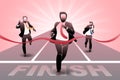 Vector illustration of business concept, businessman crossing finish line in race Royalty Free Stock Photo