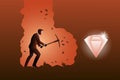 Vector illustration of business concept, a businessman digging with pickaxe to get diamond