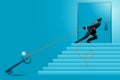 Vector illustration of business concept, businessman pulling big key up stairs to open the door Royalty Free Stock Photo