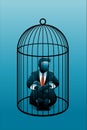 Vector illustration of business concept, businessman sitting on bird cage while hug knees Royalty Free Stock Photo