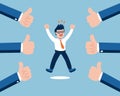 Vector illustration business concept happy businessman with many thumbs up hands Royalty Free Stock Photo