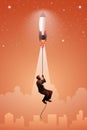 Vector illustration of business concept, rocket launch with businessman hanging on rope