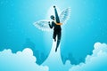 Vector illustration of business concept, a winged businessman blast off into the sky on buildings background