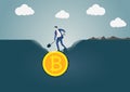 Vector illustration of business man digging and discovering Bitcoin gold coin. Concept for bitcoin mining and generation