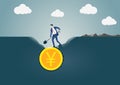 Vector illustration of business man digging and discovering Yen gold coin. Concept for search and find or business success