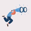 Vector illustration of business man holding big binocular and jump and fly. Looking for Royalty Free Stock Photo