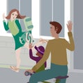 Vector illustration business mother says goodbye to her daughter and her husband riding a bike