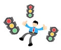 Vector illustration business people give a thumbs up and traffic light flat design cartoon style Royalty Free Stock Photo