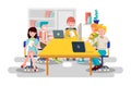 Vector illustration business people men women employees colleagues sit negotiating conference planning table teamwork