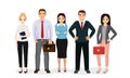 Vector illustration business people team. Happy and smile businessmen and businesswomen stand together in flat cartoon
