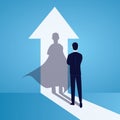Vector illustration. Business power concept. Businessman standing in front of his own muscular shadow