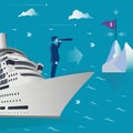 Businessman with telescope on ship. Goal search. Business concept vector illustration