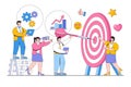 Vector illustration of business target with an arrow, hit the target and goal achievement with people characters