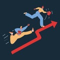 Vector illustration of Business team running on red arrow on dark backround.