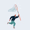 Vector illustration of Businessman with a butterfly net trying to catch something. Human character on white background.