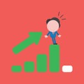 Vector illustration of businessman character being shocked on sales bar chart icon moving up and down