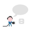 Vector businessman character with speech bubble, walking and holding plug to plugged into outlet Royalty Free Stock Photo