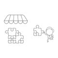 Vector illustration of businessman character carrying missin puzzle piece to three connected puzzle pieces under store roof. Black Royalty Free Stock Photo