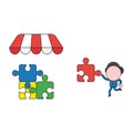 Vector illustration of businessman character carrying missin puzzle piece to three connected puzzle pieces under store roof. Color Royalty Free Stock Photo