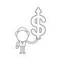 Vector businessman character holding dollar symbol with arrow moving up. Black outline Royalty Free Stock Photo